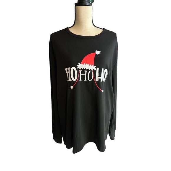 Christmas Santa Hat HO HO HO Black Red Tee Long Sleeve Size XL - Picture 1 of 4